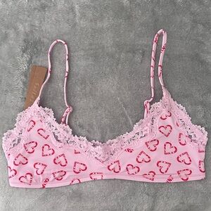 SKIMS Pink Bralette with Red Heart Print and Lace Trim